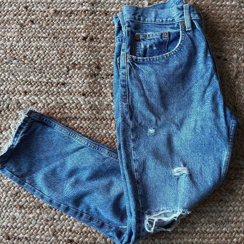 ZARA Ripped High-Rise Button Jeans - Medium Blue - EU 38 / US 6 ✨